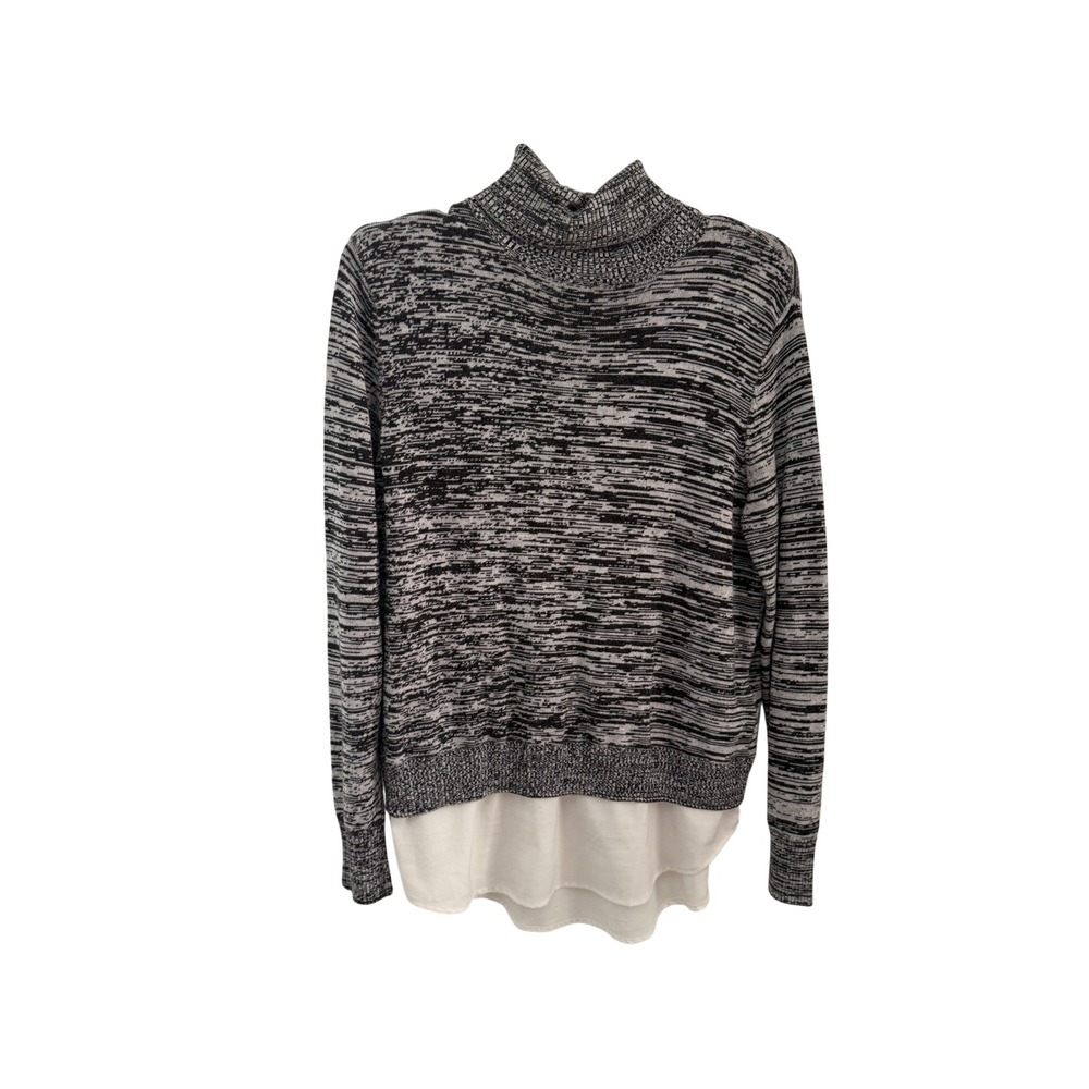 DKNYC Womens Space Dye Mock Neck Layered Hem Sweater Black White Size‎ M